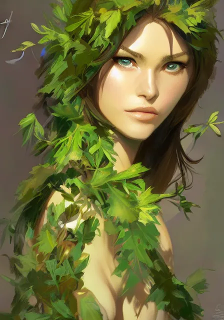 Prompt: greg manchess a realistic anime portrait of a beautiful dryad with glowing green eyes and tree bark skin wearing clothes made of leaves, digital painting, by stanley artgerm lau, sakimichan, wlop and rossdraws, digtial painting, trending on artstation