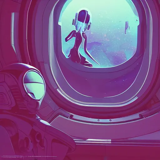 Image similar to An alien looking out of a window in space on a spaceship, collaborative illustration illustrated by Greg Rutkowski and Anton Fadeev, sci-fi art, photorealistic details, intricate details, 4k, 8k.