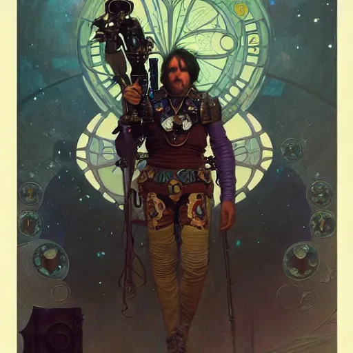 Prompt: space bounty hunter noel fielding, fantasy, d & d, intricate, detailed, by by alphonse mucha, adolfo hohenstein, alice russell glenny, stanley artgerm lau, greg rutkowski, detailed, trending on artstation, trending on artstation, smooth