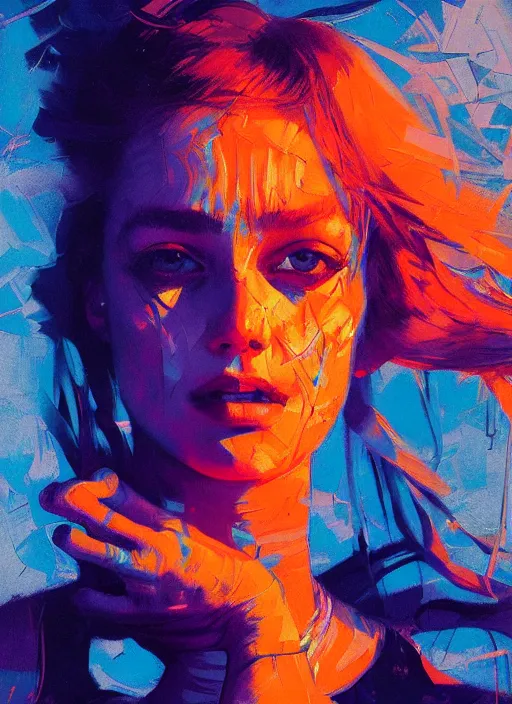 Prompt: portrait of beautiful girl, dancing, ecstatic, ibiza night club, sunset, shades of orange and blue, beautiful face, rule of thirds, intricate outfit, spotlight, by greg rutkowski, by jeremy mann, by francoise nielly, by van gogh, digital painting