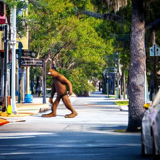 Image similar to bigfoot walking down the street in downtown Pensacola Florida