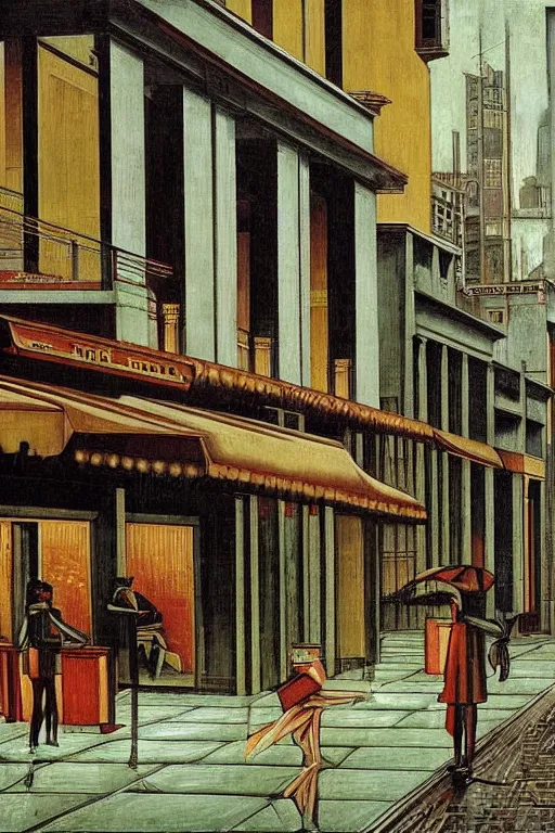 Image similar to empty cafes on a rainy night in a cyberpunk city street by giorgio de chirico