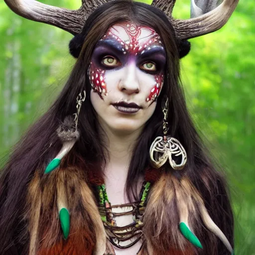 Image similar to tiefling druid with deer antlers growing out of their head and large tribal jewelry and face paint