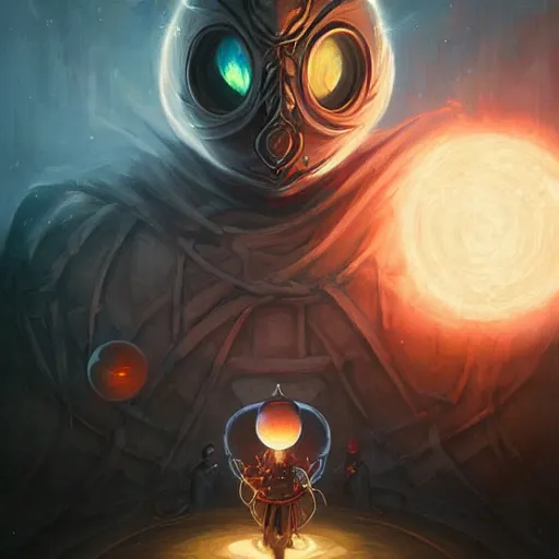 Prompt: a hooded warrior with sword surrounded by glowing spheres by peter mohrbacher