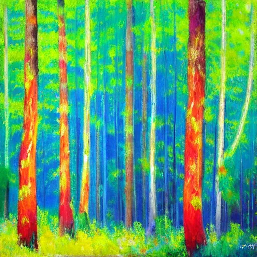 Image similar to a forest with green, blue, red tree trunks. acrylic of canvas, impressionist painting