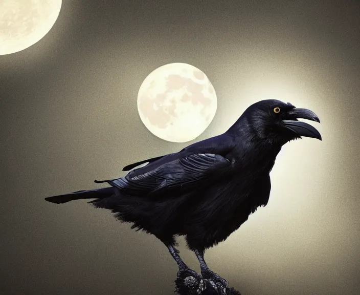 Image similar to a hyper-detailed close-up portrait of a crow on a tree in front of the full big moon; an extraordinary masterpiece; flawless; proud posture; photorealistic eyes; trending on artstation; f/1.4; 90mm