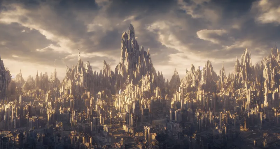 Prompt: majestic futuristic elf city made of white stone and decorated with gold, epic scale buildings, dramatic light clouds, cinematic sky, sunrise, 8 k, unreal engine 5