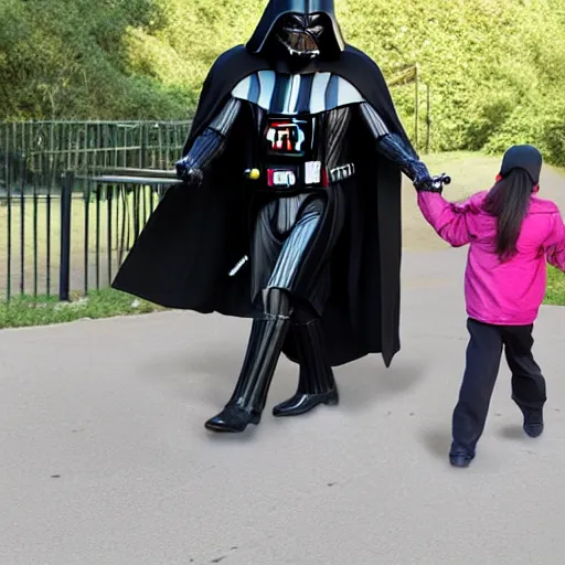 Image similar to darth vader walking kids to the kindergarten