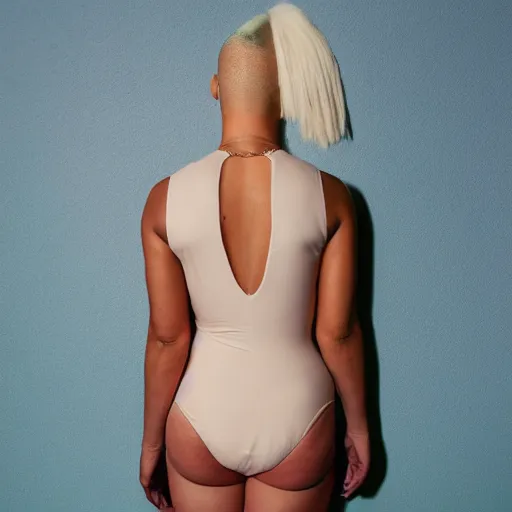 Image similar to sia furler wearing a skin colored leotard full body artistic photoshoot from behind