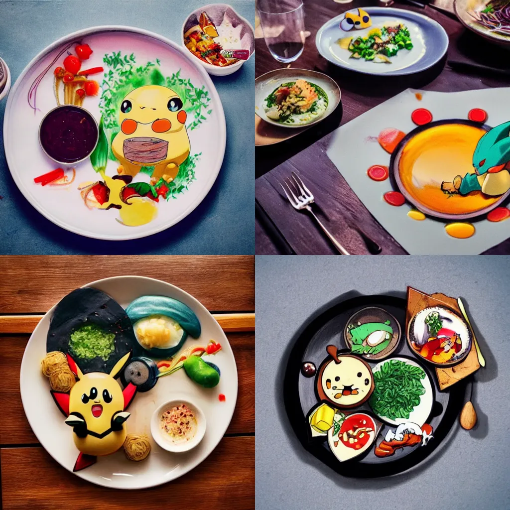 Prompt: a shot of a beautiful delicious plate of food, a hand crafted chef artisan meal made of the pokemon electrode, amazing food illustration, chef table, in style of studio ghibli, miyazaki, anime