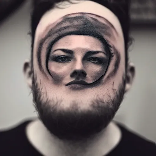 Prompt: man [ [ tattoo of a woman ]!! stamped onto his forehead ]!!! looking down, portrait!!, [ 4 k photorealism ], 8 k quality, trending on unsplash, unsplash contest winner, pinterest tattoos