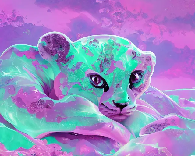 Image similar to falling jade cub with patterned sides falling melting to pieces on abstract pink and purple cloud background, illustration by ( kieran yanner ) ( miranda meeks ) ( anna podedworna ) ( cristi balanescu ), digital art