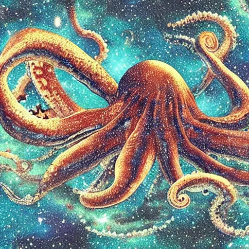 Image similar to a giant octopus god covered in stars in floating among the galaxies of the milky way