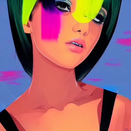 Prompt: very beautiful portrait painting of a black bobcut hair style ariana grande in a blend of manga - style art, augmented with vibrant composition and color, all filtered through a cybernetic lens, by hiroyuki mitsume - takahashi, pastel, cmyk