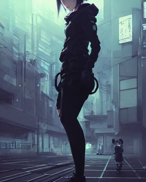 Image similar to kyoto animation, cool lady wearing cyberpunk techwear clothing, beautiful, detailed portrait, cell shaded, 4 k, concept art, by wlop, ilya kuvshinov, artgerm, krenz cushart, greg rutkowski, pixiv. cinematic dramatic atmosphere, sharp focus, volumetric lighting, cinematic lighting, studio quality