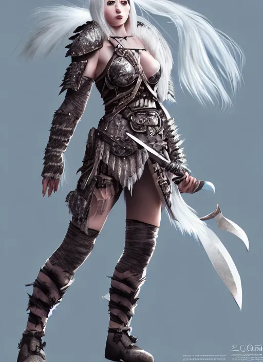 Image similar to barbarian, fur leather armor!!! beautiful and elegant white hair female!! gorgeous ayes!! character concept art, sharp focus, octane render! unreal engine 5! highly rendered!! trending on artstation!! detailed linework!! illustration by artgerm, wlop, and chie yoshii