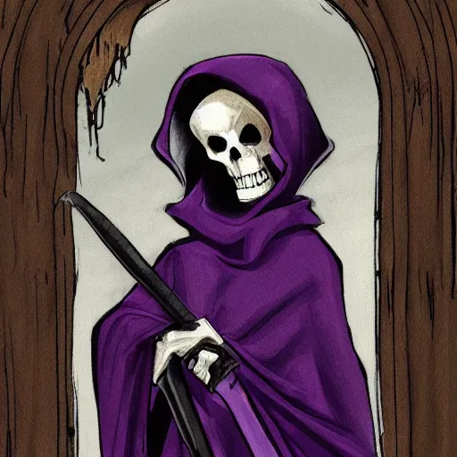 Image similar to grim reaper, purple cloak, full body