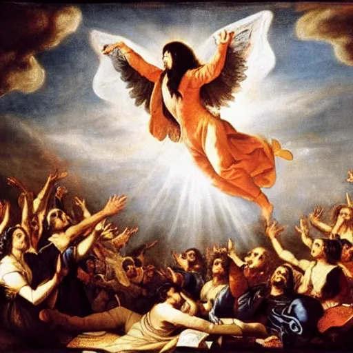 Prompt: The Assumption of Freddie Mercury, Freddie Mercury ascending to heaven surrounded by divine light, baroque, ethereal, Bartolomé Murillo, 1643