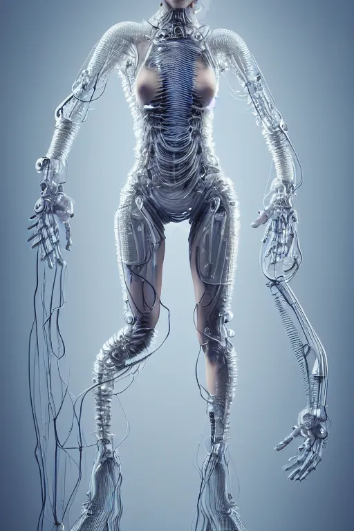 Image similar to young asian woman, iris van herpen, perfect symmetrical body, full body shot, inflateble shapes, wires, tubes, veins, jellyfish, white biomechanical details, wearing epic bionic cyborg implants, masterpiece, intricate, biopunk, vogue, highly detailed, artstation, concept art, cyberpunk, octane render