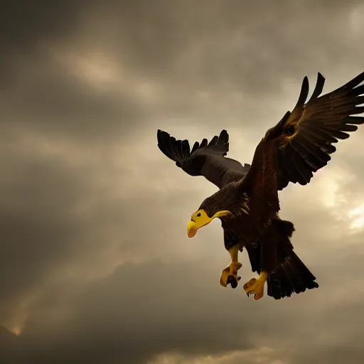 Prompt: cinematic photo of a giant eagle snatching away the oregon duck mascot with its talons. the eagle is lifting the duck into the sky. camera is looking up at the subject in the sky with fancy clouds behind