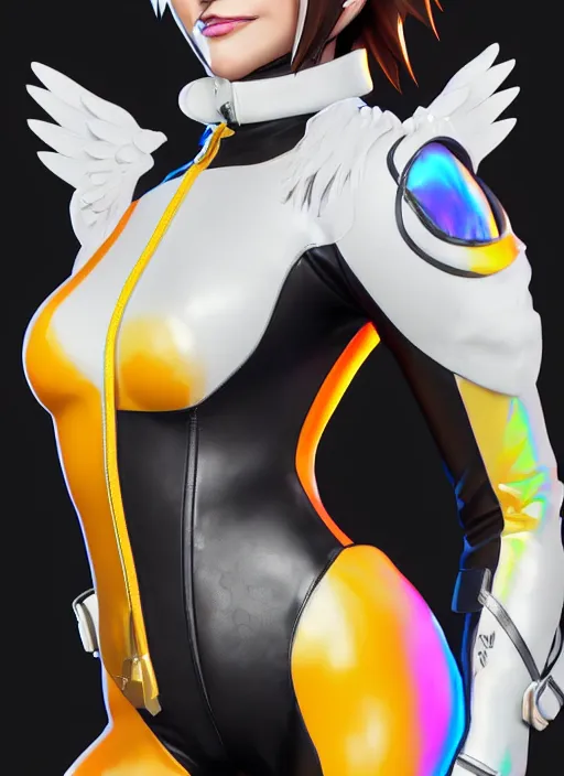 Image similar to portrait bust digital artwork of tracer overwatch, wearing white iridescent rainbow latex and leather straps catsuit outfit, 4 k, expressive happy smug expression, makeup, in style of mark arian, angel wings, wearing detailed black leather collar, chains, black leather harness, detailed face and eyes,