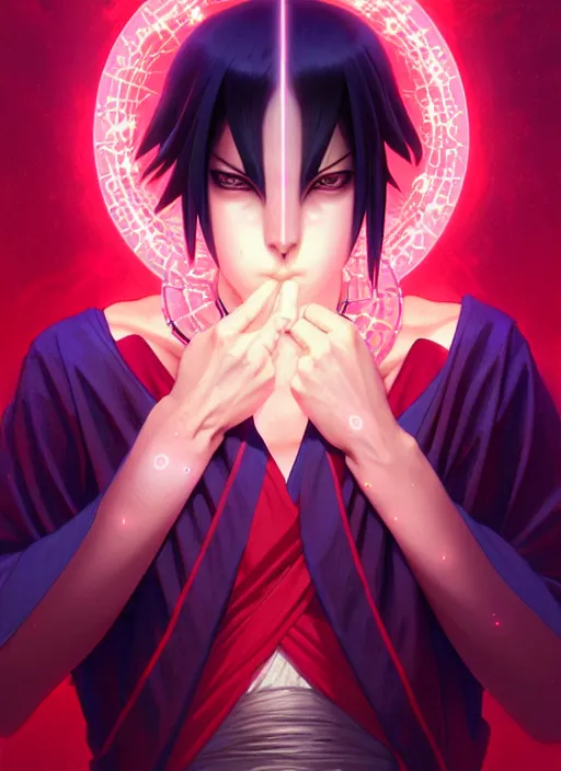 Image similar to symmetry!! itachi, glowing lights!! intricate, elegant, highly detailed, digital painting, artstation, concept art, smooth, sharp focus, illustration, art by artgerm and greg rutkowski and alphonse mucha