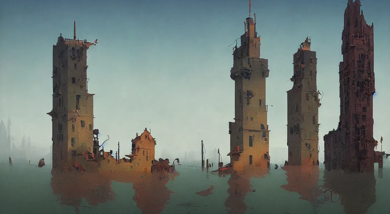 Image similar to single flooded simple tower, very coherent and colorful high contrast!! masterpiece by rene magritte simon stalenhag carl spitzweg syd mead norman rockwell edward hopper james gilleard, minimalist, bloodborne, dark shadows, sunny day, hard lighting