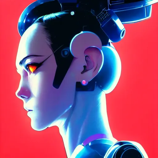 Image similar to side portrait scifi cyborg girl with robotic parts and spacesuit | | head only in center of image, audrey plaza, fine detail!! anime!! realistic shaded lighting!! poster by ilya kuvshinov katsuhiro otomo ghost - in - the - shell, magali villeneuve, artgerm, jeremy lipkin and michael garmash and rob rey