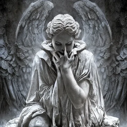 Prompt: the weeping angel by raymond swanland, highly detailed, dark tones