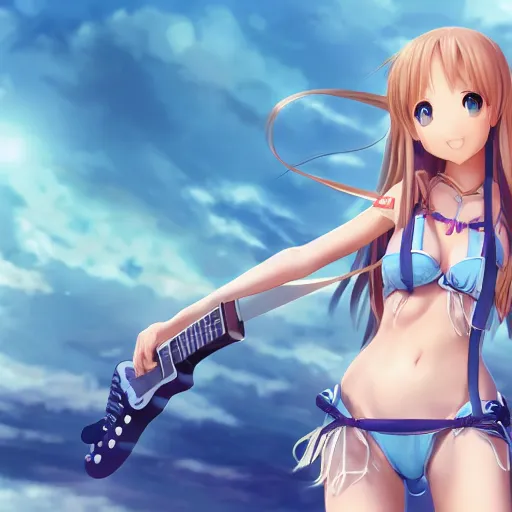 Prompt: a cute little yuuki asuna playing guitar, full body, long wavy blond hair, sky blue eyes, full round face,, bikini, miniskirt, front view, mid - shot, highly detailed, cinematic wallpaper by stanley artgerm lau