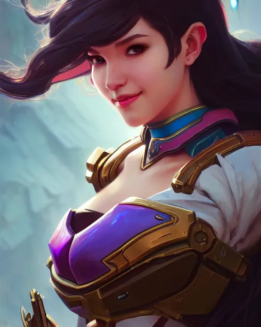 Image similar to D.Va (Overwatch), closeup, D&D, fantasy, intricate, elegant, highly detailed, digital painting, artstation, concept art, matte, sharp focus, illustration, hearthstone, art by Artgerm and Greg Rutkowski and Alphonse Mucha