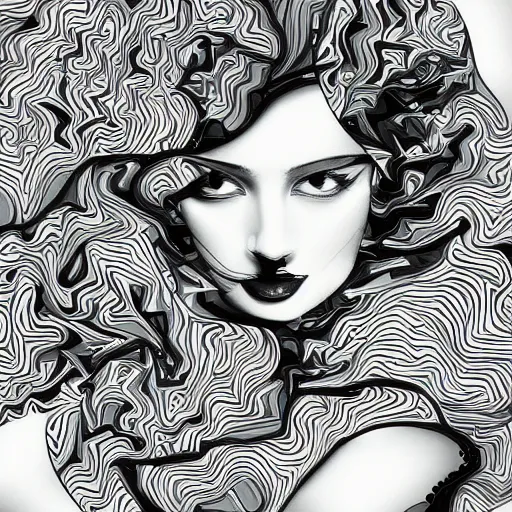 Image similar to the abstract painting of an image of a lady artistic flat illustration by by Patrick Guyton,creative art,soft colors mono chromatic, black color on white background