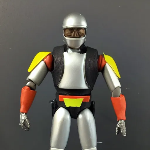 Image similar to 1980s Kenner Style Action Figure, 5 points of articulation, sci-fi, sleek helmet, full body, 4K, highly detailed