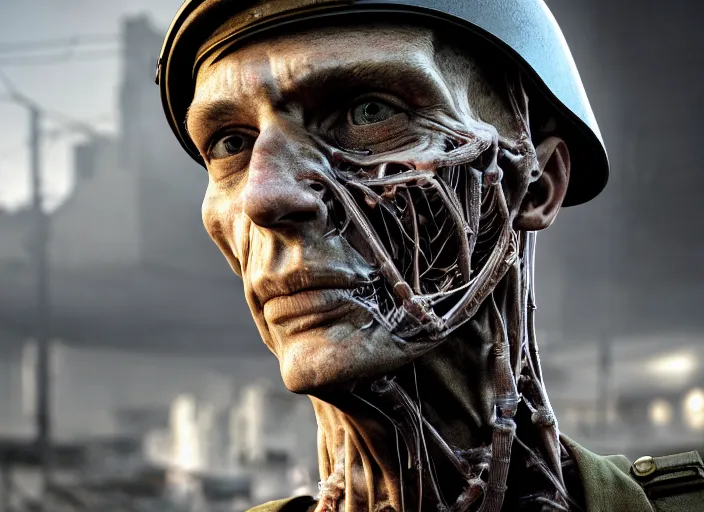 Image similar to mid shot portrait of wwii soldier with transparent skin, visible muscle and bones and veins and nerves, david cronenberg, hyperrealism, detailed textures, photorealistic 3 d cyberpunk apocalyptic city, futuristic clothing and helmet, ultra realistic, cinematic, intricate, cinematic light, unreal engine 8 k, octane render, unreal engine by david kostic and stanley lau and artgerm