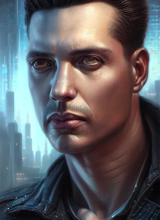 Prompt: closeup portrait shot of a male detective in a scenic cyberpunk environment, intricate, elegant, highly detailed, centered, digital painting, artstation, concept art, smooth, sharp focus, illustration, artgerm, tomasz alen kopera, peter mohrbacher, donato giancola, joseph christian leyendecker, wlop, boris vallejo