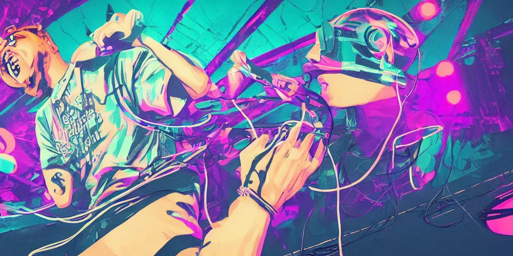 Prompt: rapping into microphone, on stage at festival during lightning storm, digital art, vapor wave, hip hop, surreal, psychedelic, trending on Artstation, professional artist, detailed, 4k