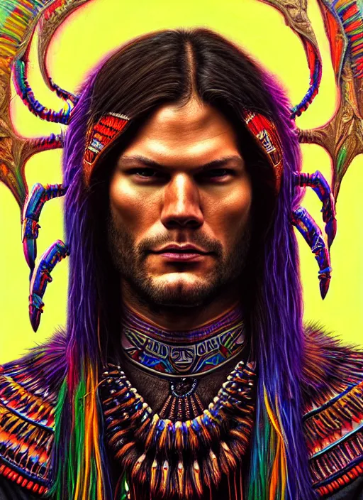 Prompt: portrait of jared padalecki, hyper detailed ultra sharp aztec shaman warrior. trending on artstation, warpaint aesthetic, bloodwave, colorful, psychedelic, ornate, intricate, digital painting, concept art, smooth, sharp focus, illustration, art by artgerm and greg rutkowski and h. r. giger, 8 k