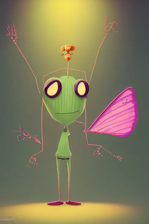 Prompt: colorful full body shot of a thin anthropomorphic 🐛 with big eyes wearing a suit, with long thin antennae, trending on artstation, trending on deviantart ,cinematic backlighting, 8k, symmetrical, correct proportions, hyper detail illustration by tim schafer, vibrant colors, by pixar, orange lights, pink shadows