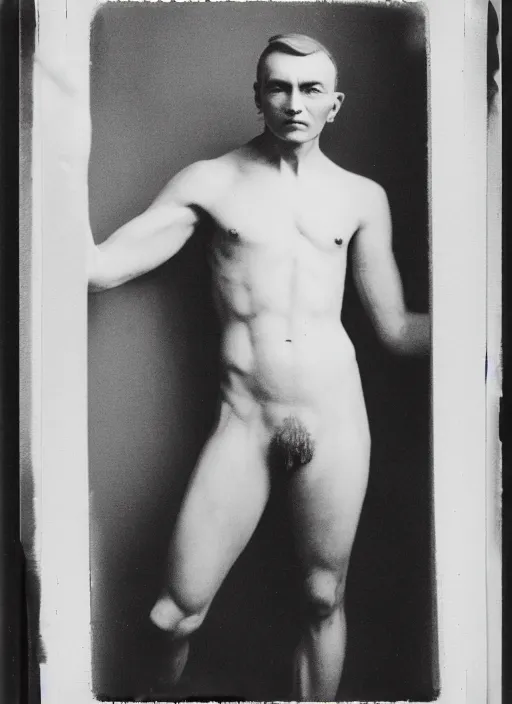 Image similar to an an android with an adult male human looking face is the thinker by auguste rodin, polaroid fashion photography, flash photography, photo taken in a back storage room where you can see empty shelves in the background, 3 / 4 view portrait head chest and arms portrait of