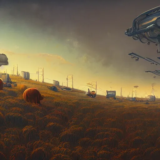 Prompt: Landscape Plains Panorama Wild enormous Hamster Behemoths roaming the windswept field simon stalenhag gerald brom christopher lovell daniela uhlig allison carl hiro izawa paul chadeisson pastel painting