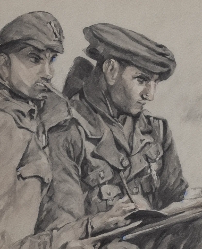 Prompt: a beautiful painting a soldier from wwii writing a letter to home, black and white, high resolution design, istituto luce el alamein video frame
