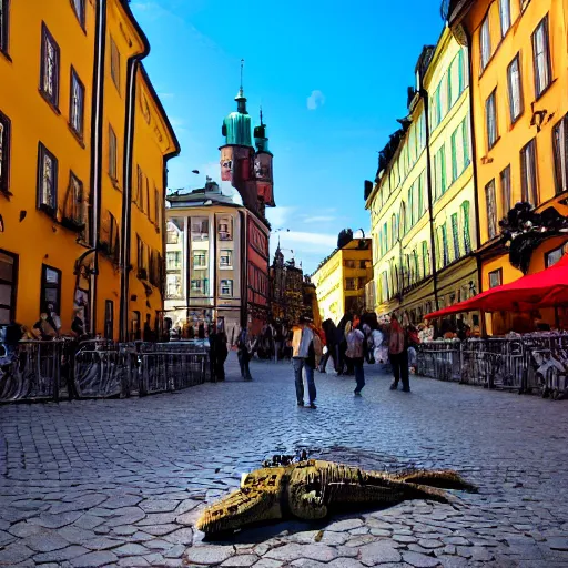 Prompt: a crocodile in the middle of a street in gamla stan, stockholm