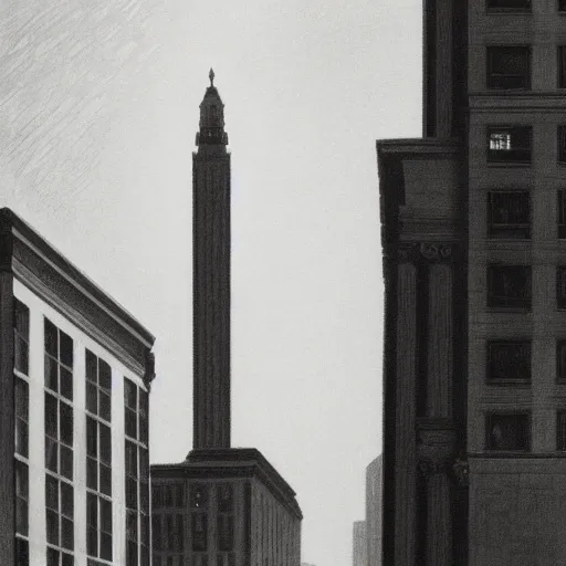 Prompt: an engraving of a storm battering a light tower skyscrapper, brutalism, in city downtown by edward hopper