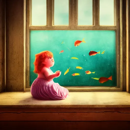 Image similar to the same style. the most beautiful little fat sweet girl is kissing a huge colorful cute fish. modern etching. colored print. hype realistic scene. old photography style. studio lighting. window. 3 d, octane render, deep focus, zbrush. white scene. unreal engine. watercolor