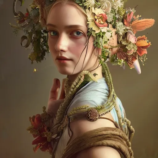 Image similar to baroque portrait of a steampunk bohemian nature nymph in a simple dress with floral decoration, cinematic lighting, photorealistic, octane render, 8 k, depth of field, 3 d, art by artgerm and greg rutkowski and alphonse mucha and uang guangjian