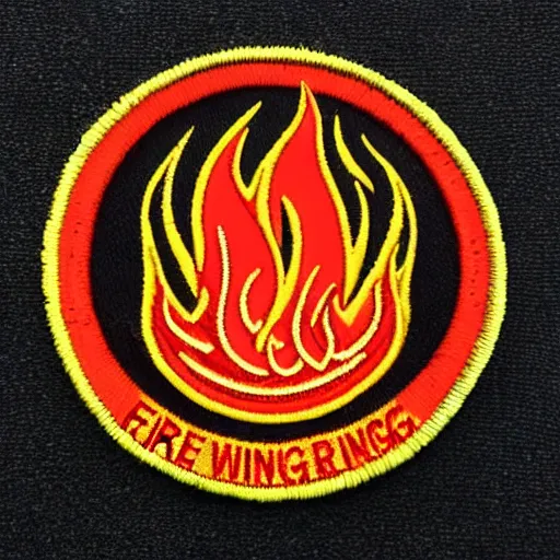 Prompt: vintage windy fire flame warning label patch