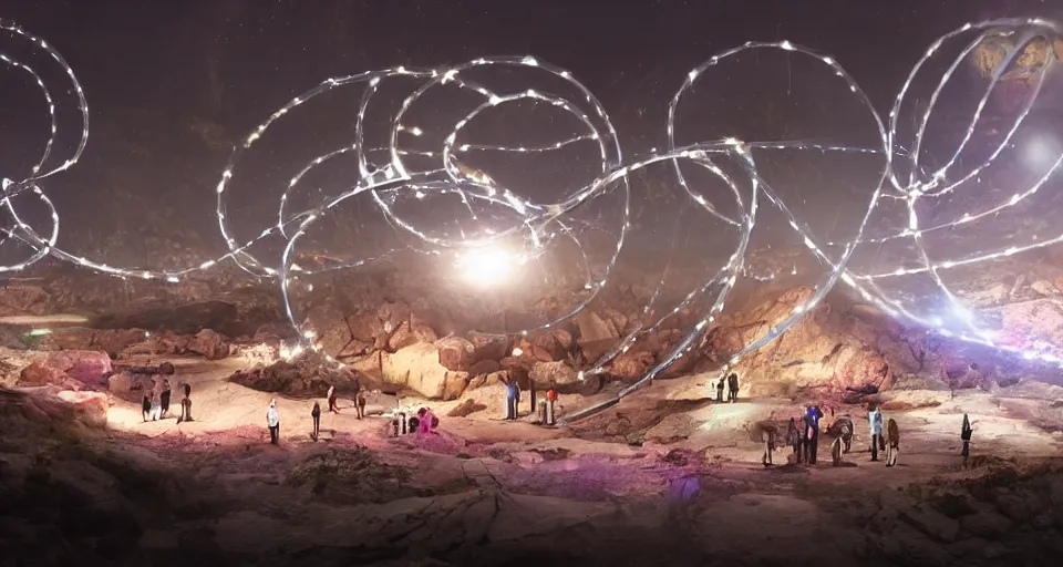 Image similar to miniature installation, macro photography, night, a lot of people and a spiral - shaped white luminous attractor is floating in grand canyon, concept art, art for the game, professional lighting, art