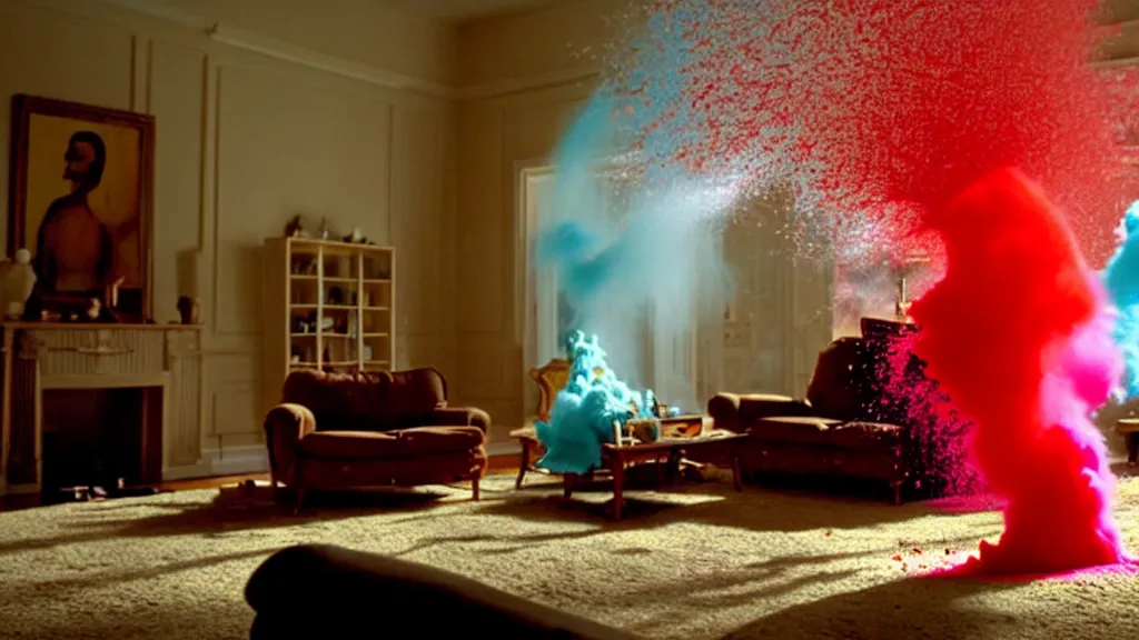 Prompt: colored powder explosion in the living room, film still from the movie directed by Denis Villeneuve with art direction by Salvador Dalí, wide lens