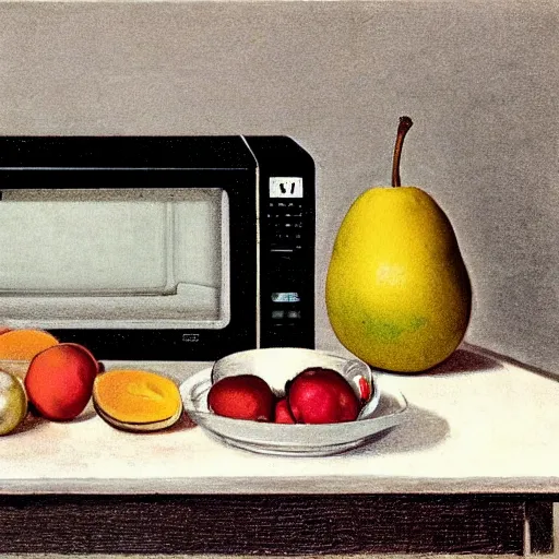 Image similar to A still life of a microwave, Gaspar Peeter, Max Carlier, painting, table, fruit bowl