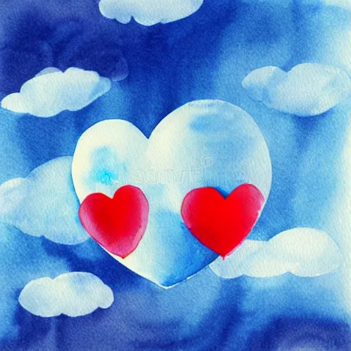 Prompt: two red paper hearts in a clear spherical bubble. blue sky with clouds background. illustration, artstation, watercolour